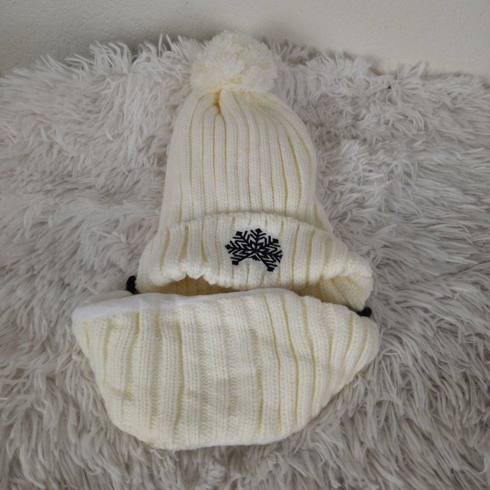 NWT The Winter Brand Beanie and Mask Set Never Worn Cream Pom Embroidered